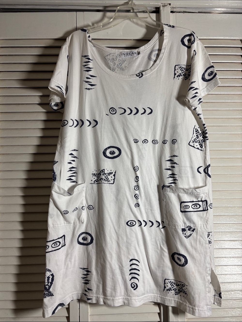 Ingear White Mini Dress with Navy Abstract Print and Pockets